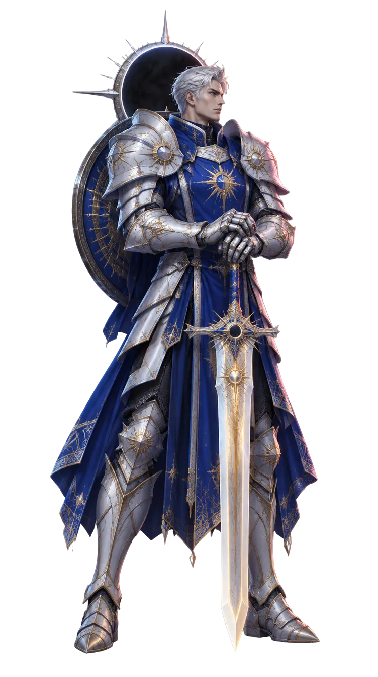 Eclipse Knight dari Sunward Concord, ksatria berbaju zirah putih perak dengan cakram gerhana di punggung, menghadap ke tengah